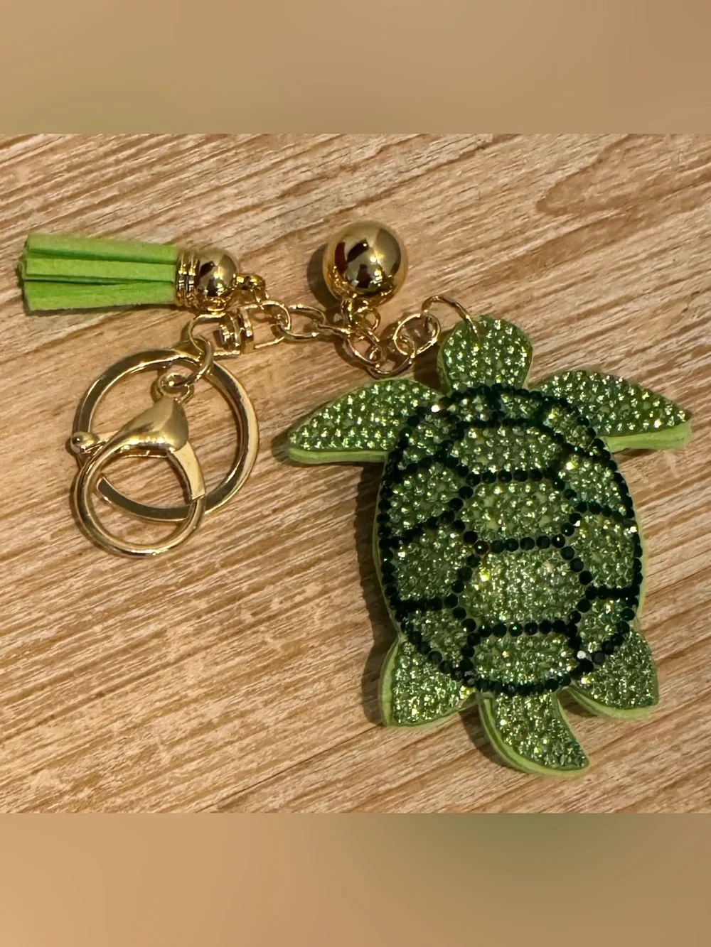 Green Turtle Rhinestone Gold-Tone Keychain Bag Charm